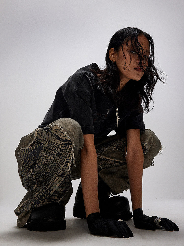 DUST THEORY mud-washed deconstructed curved-leg pants with mesh panels, additional product photograph 4 | OFFCULTURE®