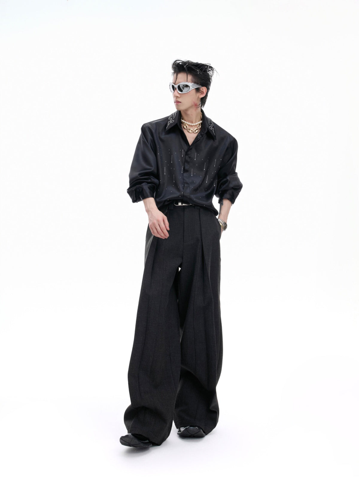 ALTEREGO black draped straight-leg trousers with pleated deconstructed panels, additional product photograph 2 | OFFCULTURE®