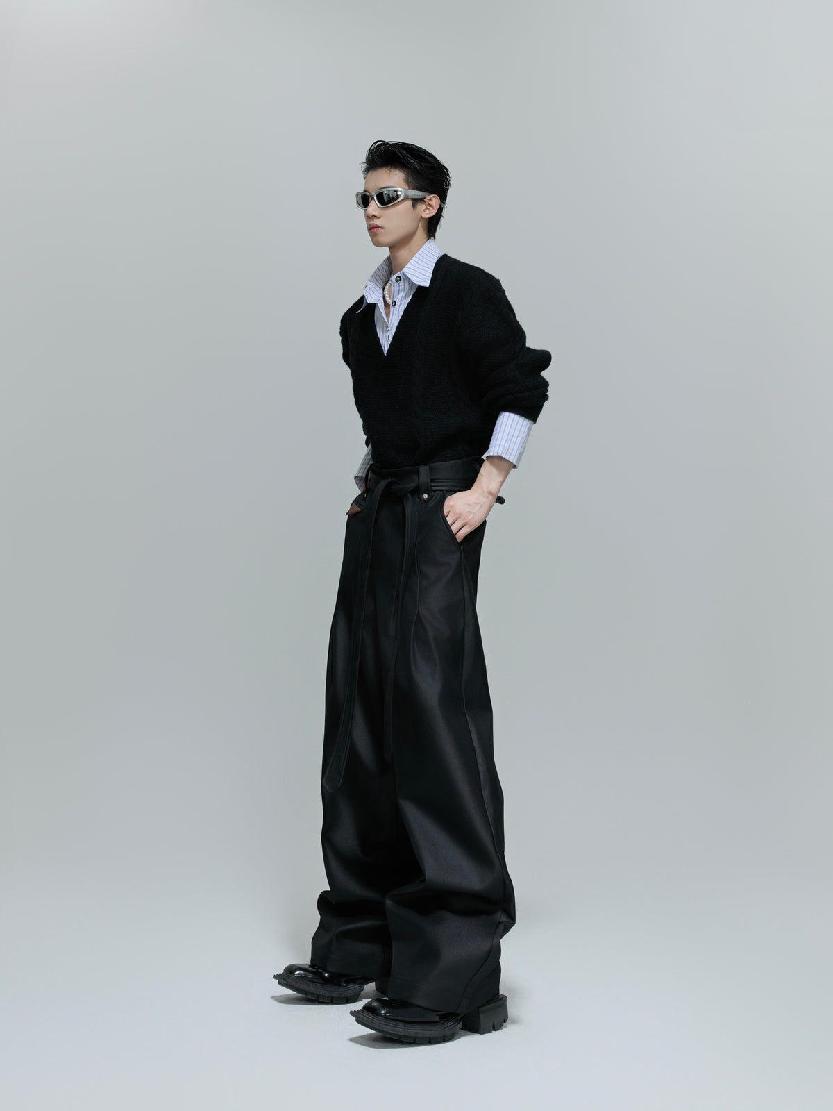VESPER pleated high-waisted wide straight-leg trousers with waist tie, additional product photograph 8 | OFFCULTURE®