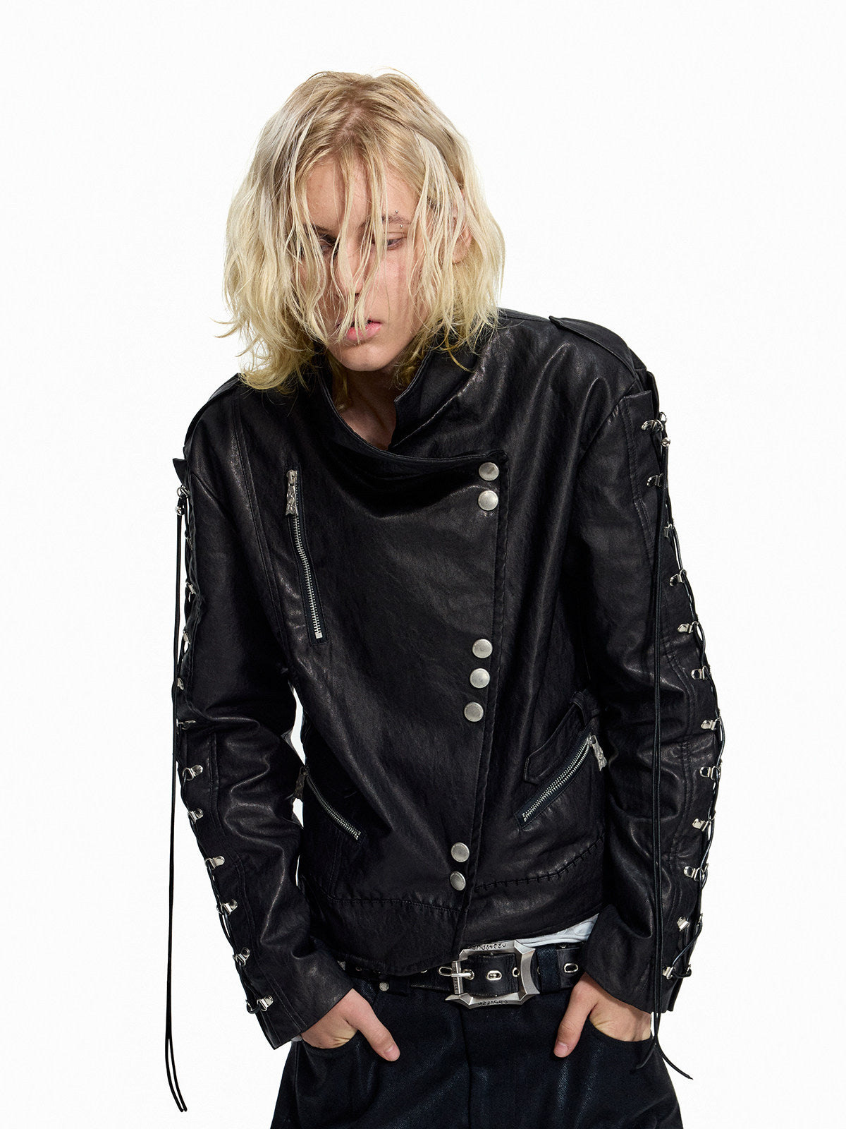 SLOW DAMAGE asymmetric coated biker jacket