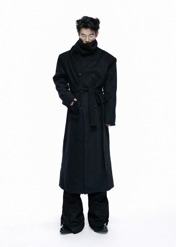 ARCADIA black long double-breasted coat with jacquard lapel panels, additional product photograph 3 | OFFCULTURE®