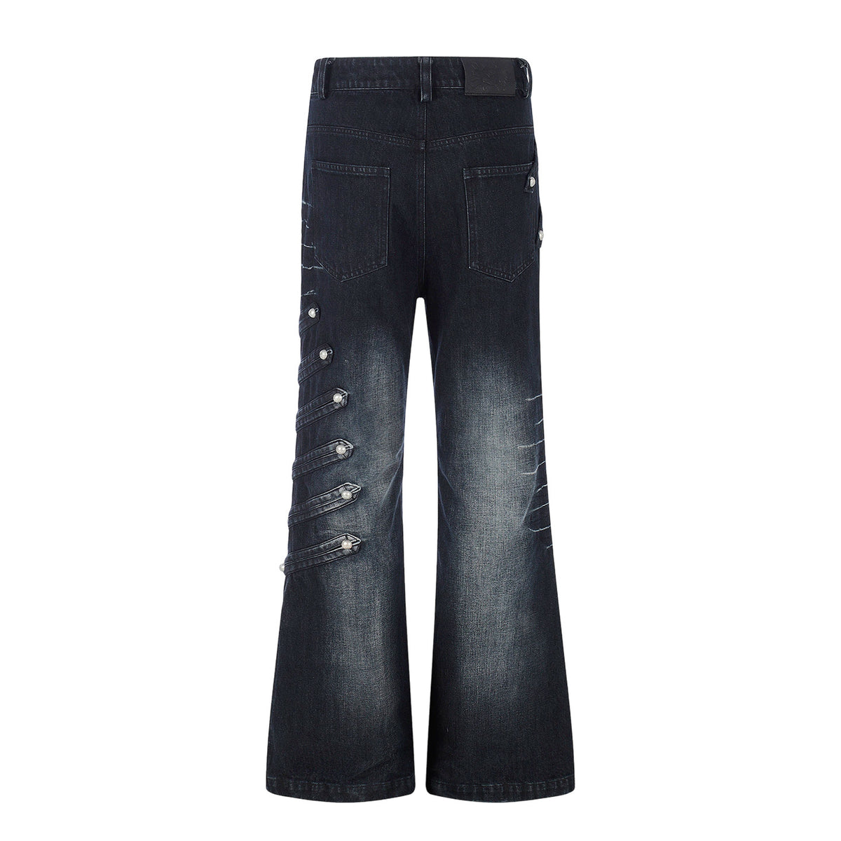NVRTOUCH washed-black denim jeans with buttoned sides and wide flared legs, additional product photograph 12 | OFFCULTURE®