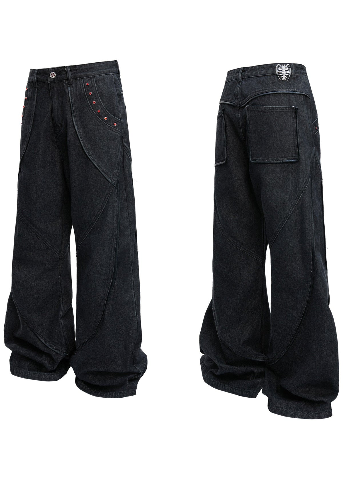 RED STATIC black washed flared denim jeans with red rhinestone accents