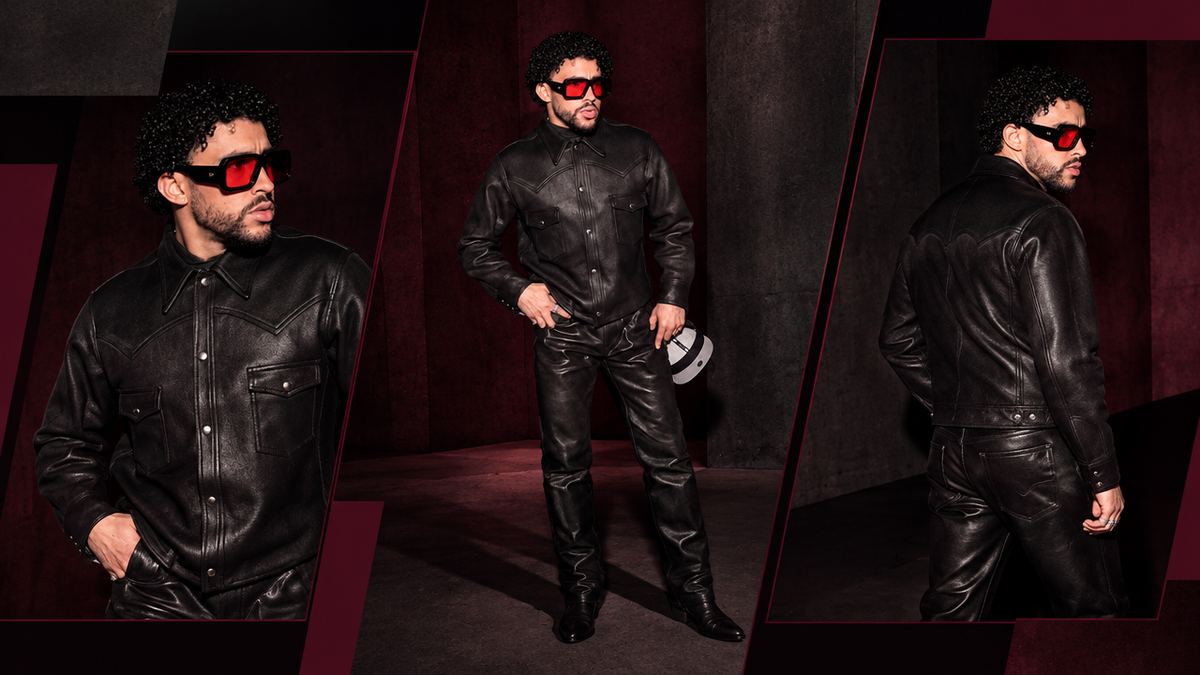 Bad Bunny black leather street style, three-view Brutalist editorial | OFFCULTURE Journal