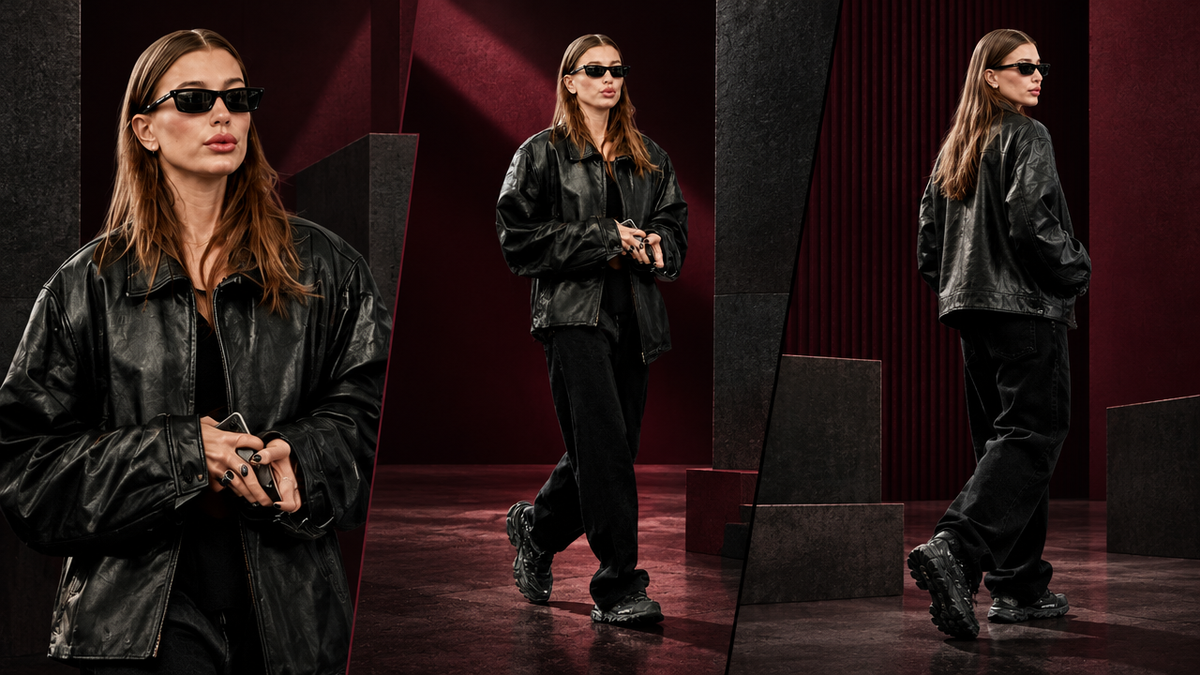 OFFCULTURE Journal hailey bieber styling editorial, text-free three-view Brutalist composition