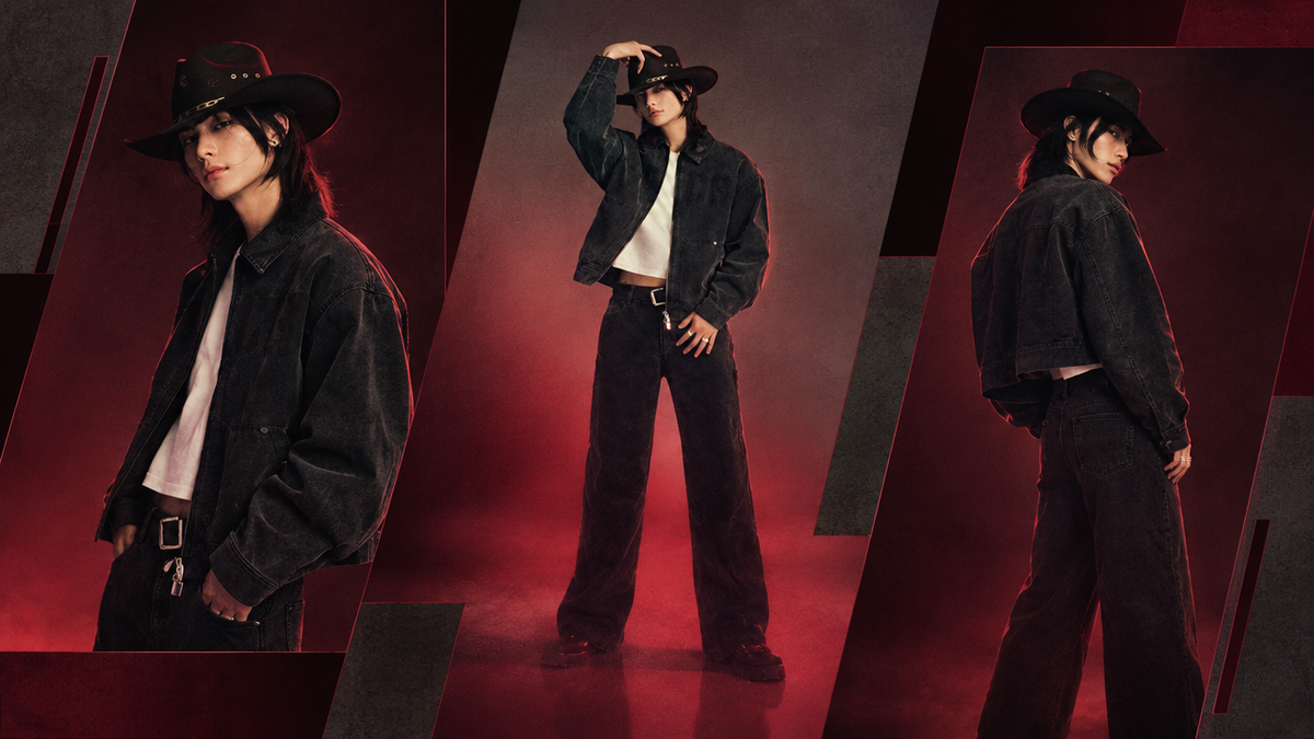 OFFCULTURE Journal hyunjin styling editorial, text-free three-view Brutalist composition