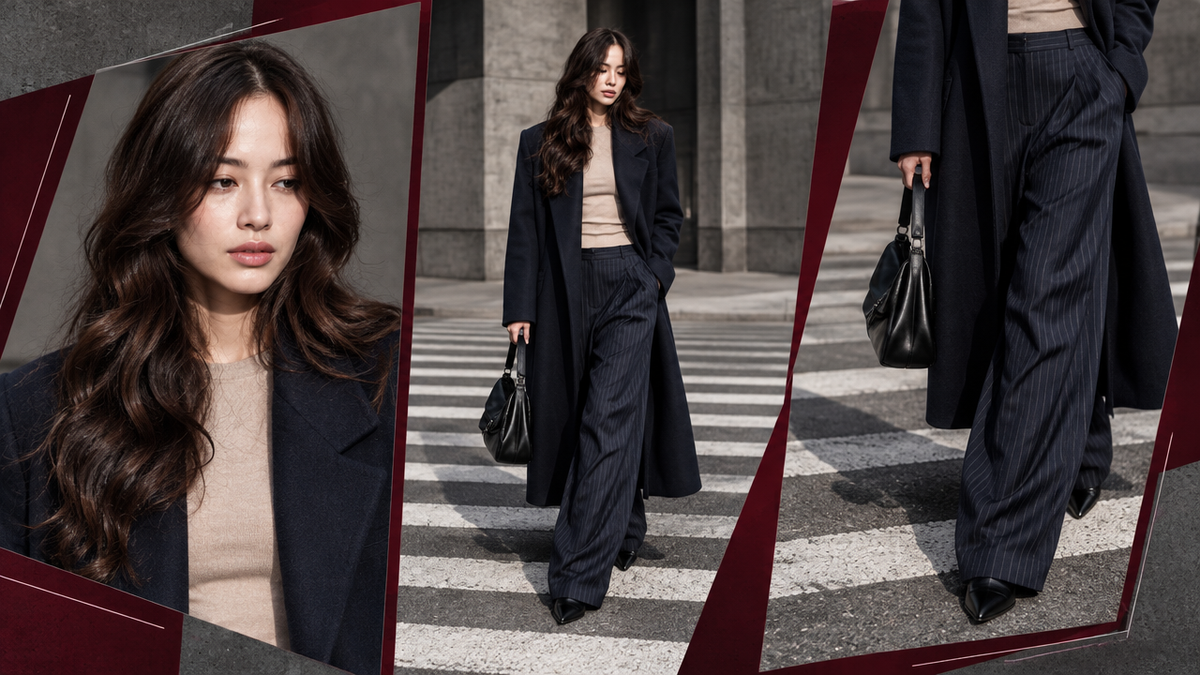 Jennie Kim navy coat and pinstripe trouser outfit in a text-free three-panel Brutalist editorial | OFFCULTURE Journal