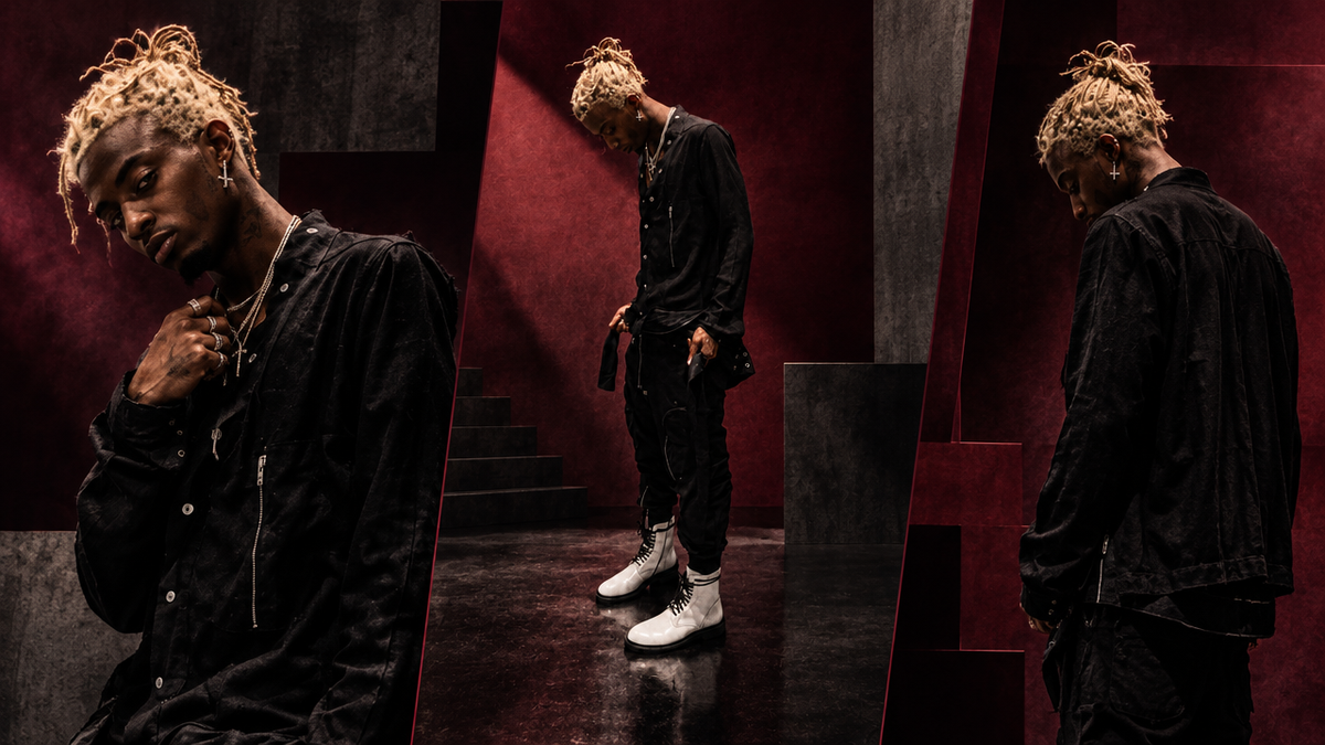 OFFCULTURE Journal playboi carti styling editorial, text-free three-view Brutalist composition