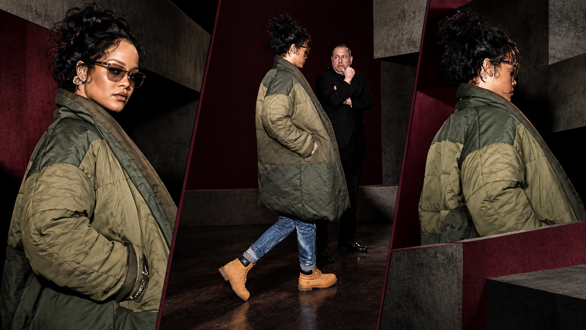 OFFCULTURE Journal rihanna styling editorial, text-free three-view Brutalist composition