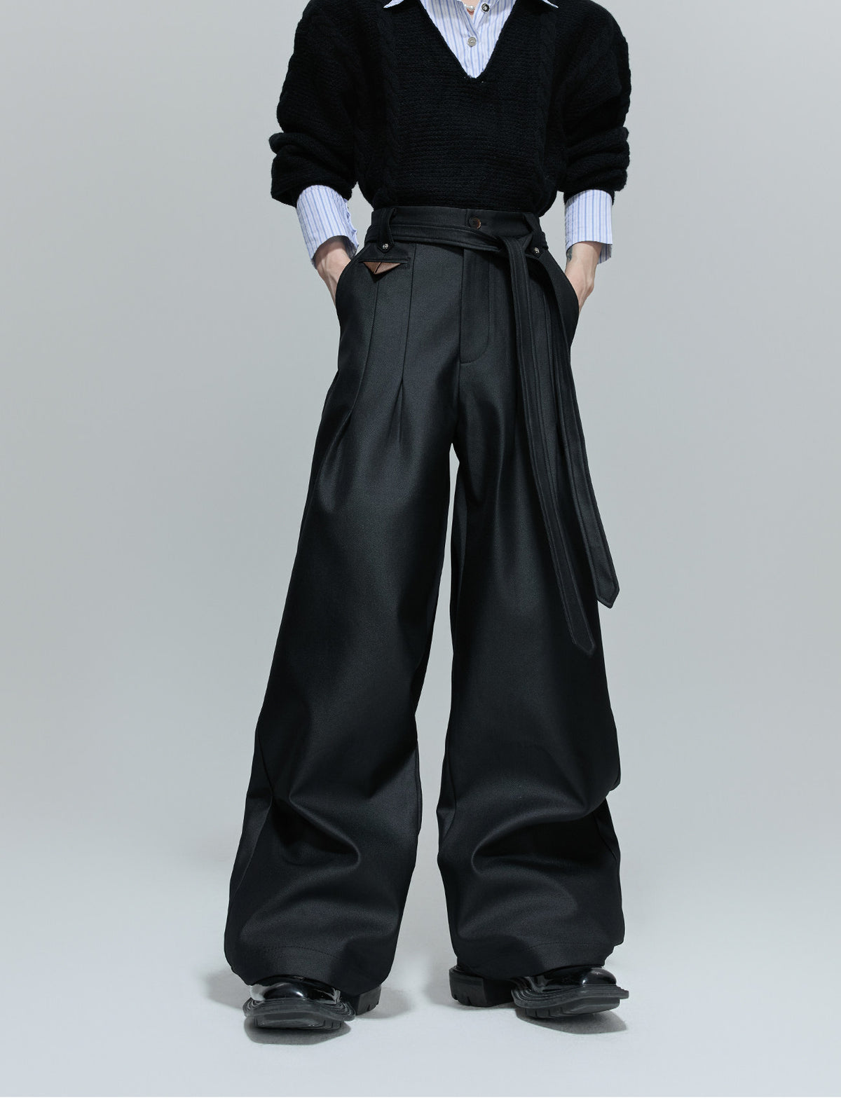 VESPER pleated high-waisted wide straight-leg trousers with waist tie