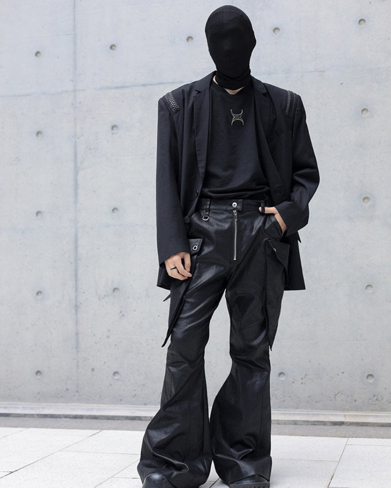 WAXED LEATHER CARGO FLARE PANTS