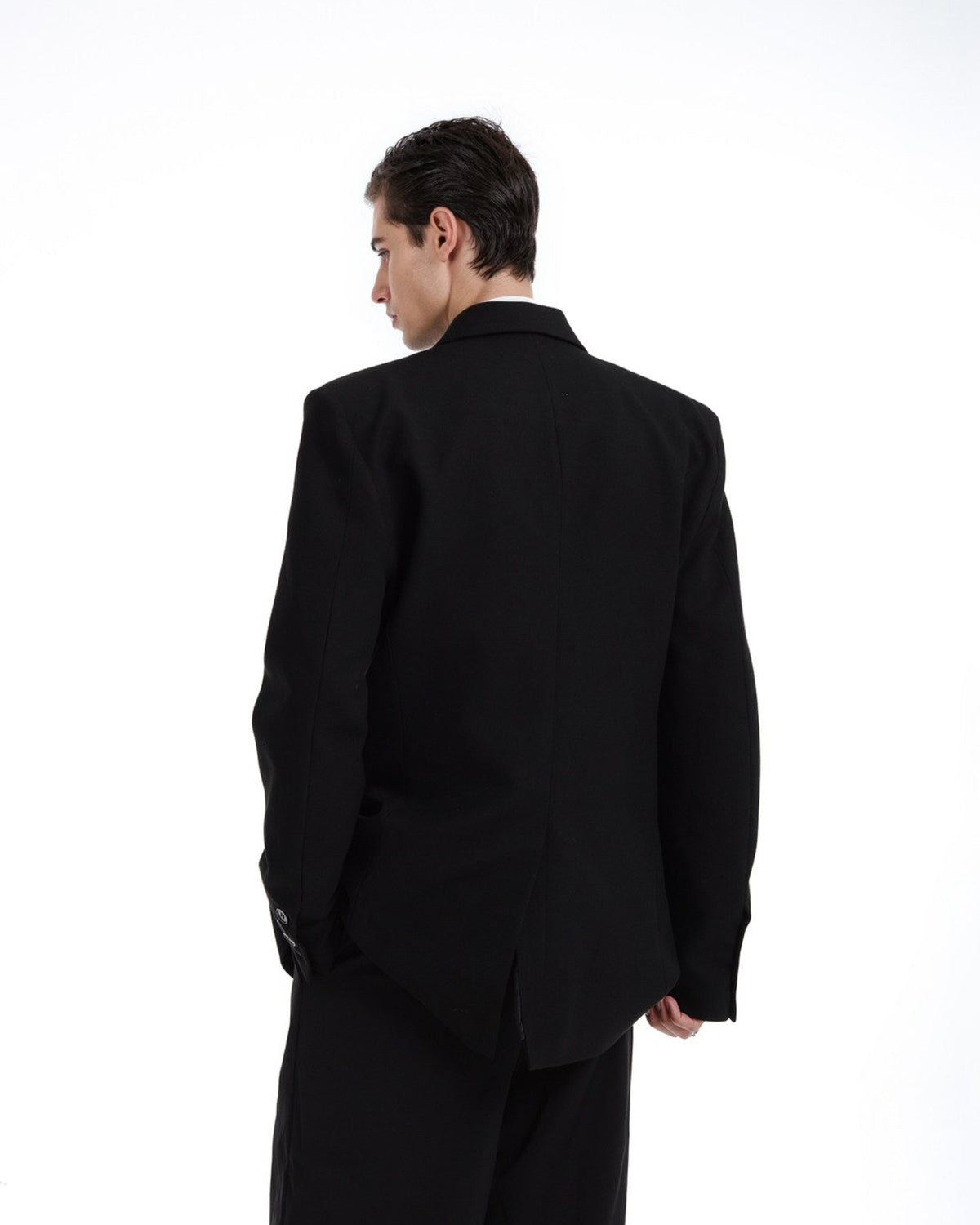 LOVELESS black waisted satin-finish blazer with shawl lapels, additional product photograph 9 | OFFCULTURE®