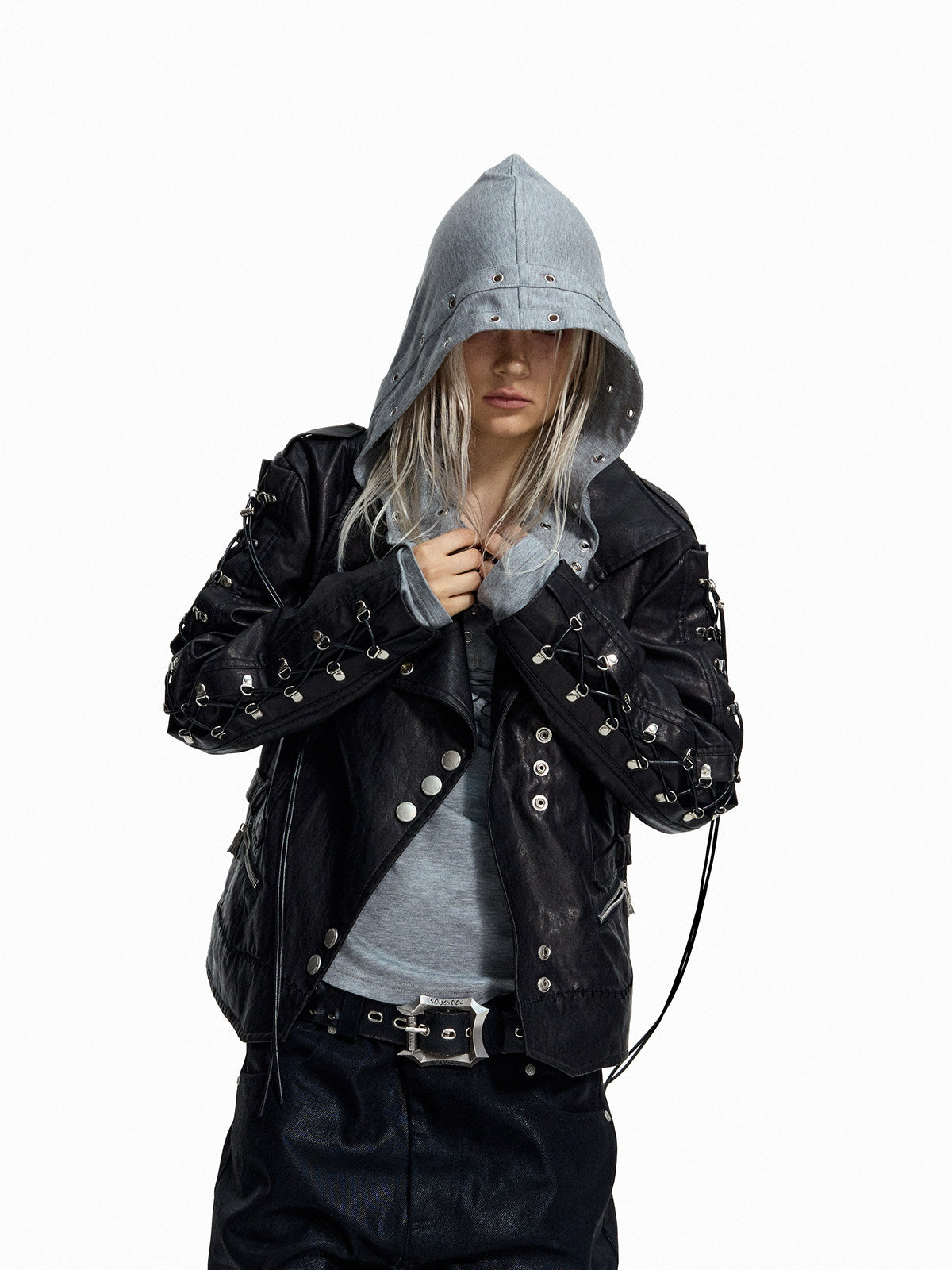 SLOW DAMAGE asymmetric coated biker jacket