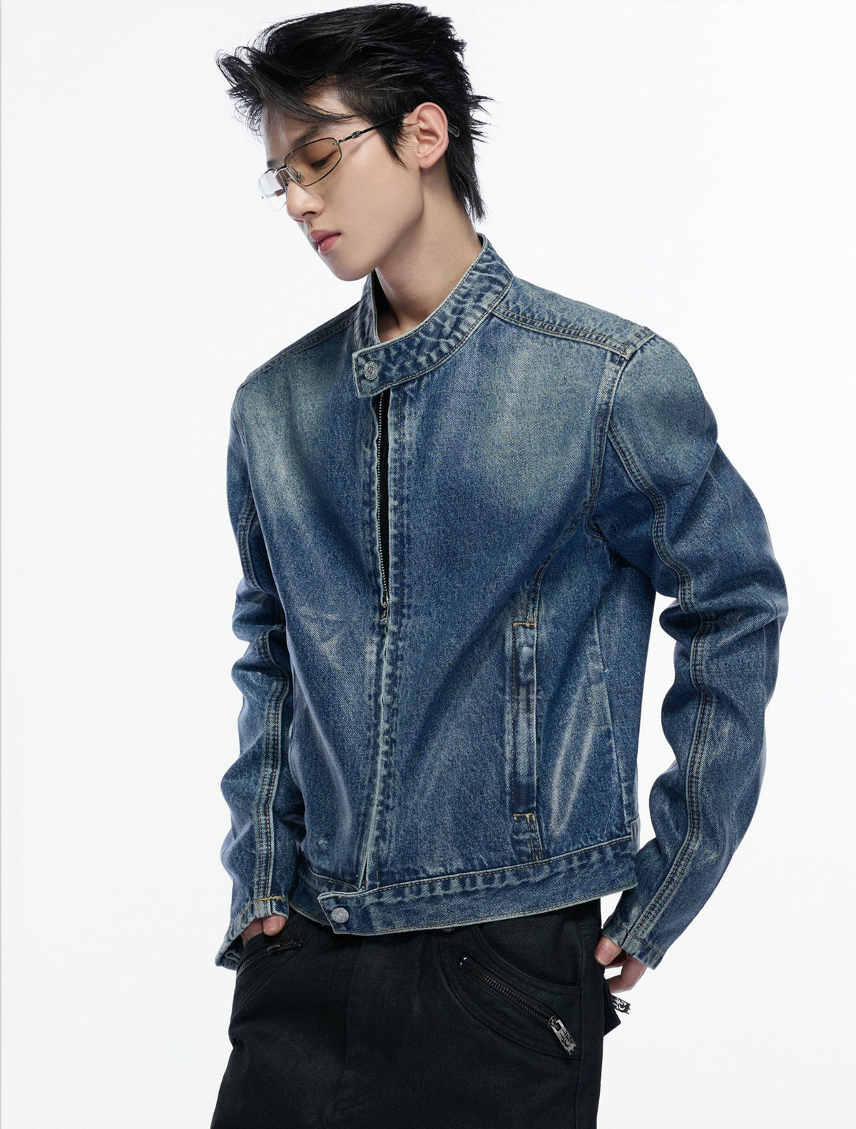 NVRFOUND faded-blue washed cropped denim jacket with stand collar, additional product photograph 7 | OFFCULTURE®