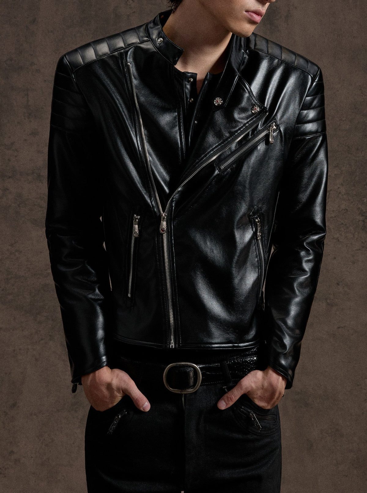 NVRSAINT cropped black asymmetric faux-leather biker jacket, additional product photograph 7 | OFFCULTURE®