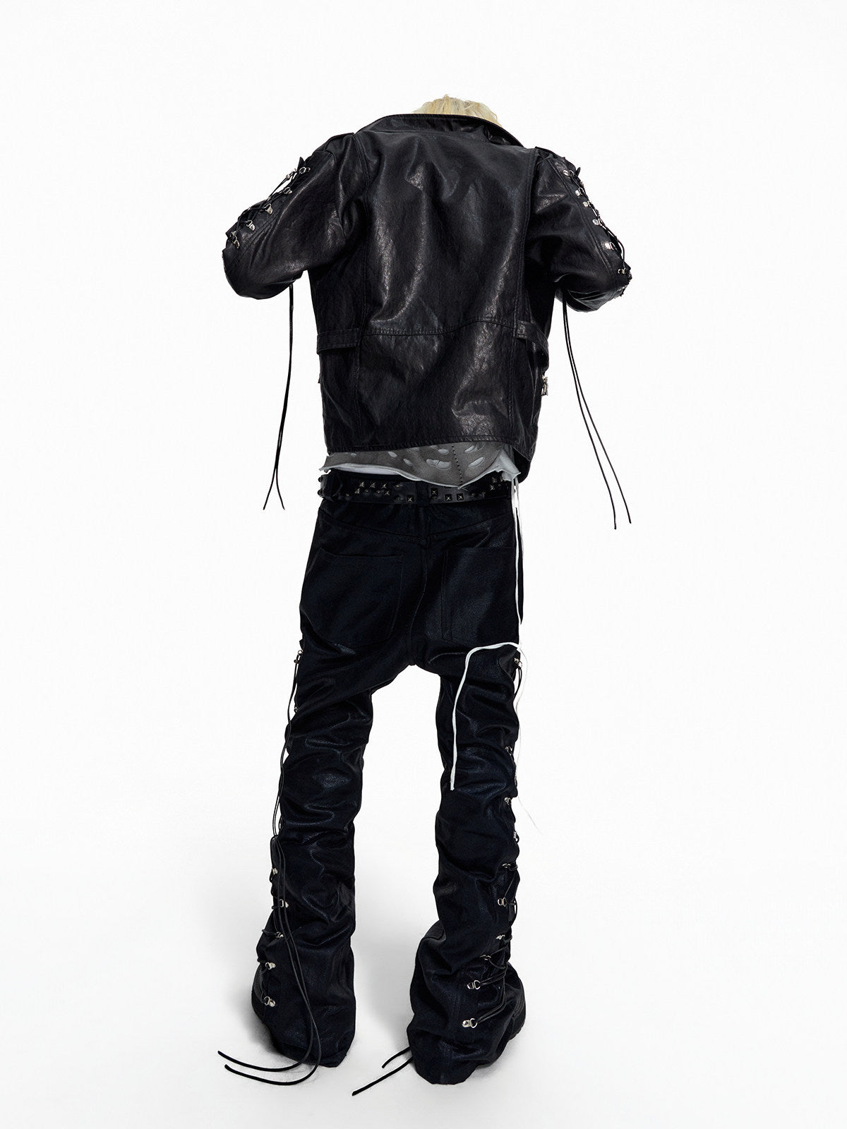 NVRSETTLE coated lace-up flared denim pants