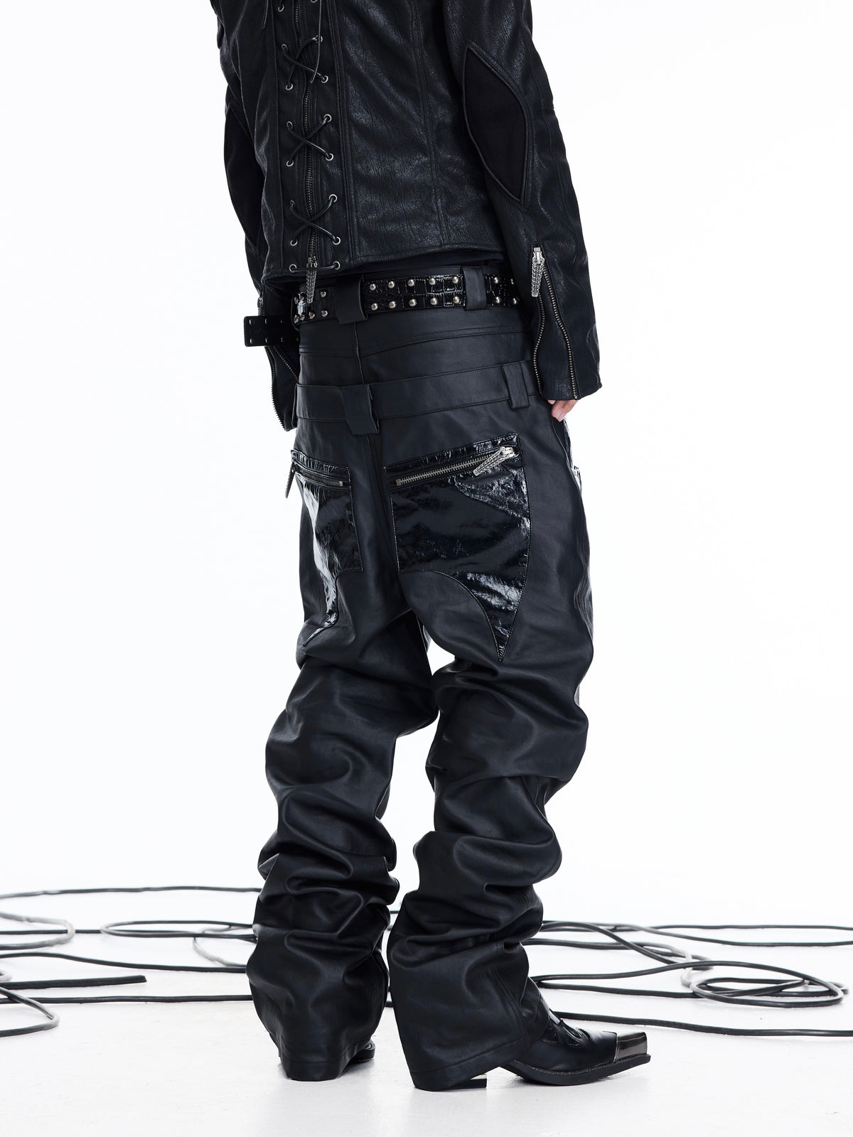WAXED STATIC DOUBLE WAIST WIDE LEG JEANS