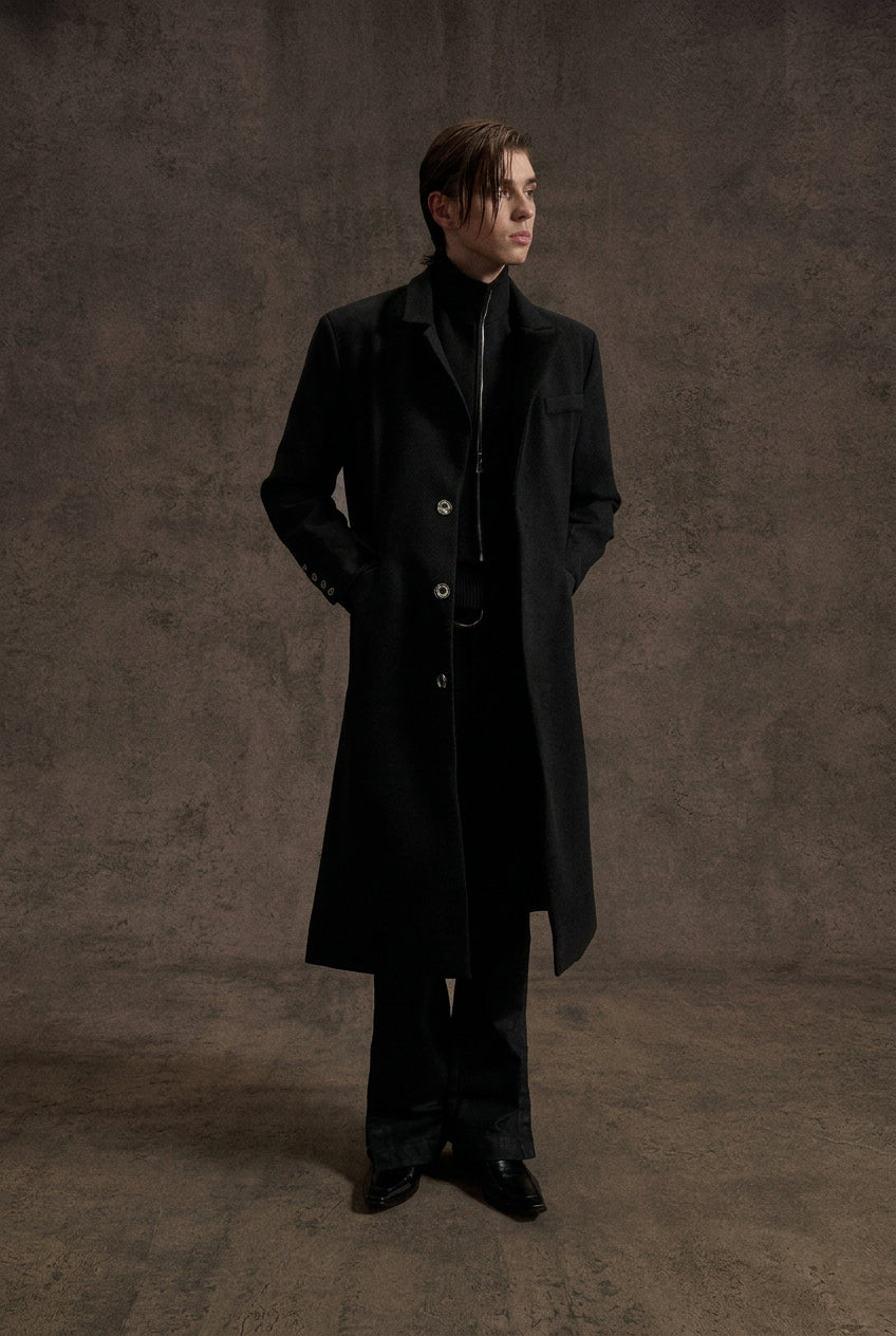 HALCYON black layered mock-neck long cotton coat, additional product photograph 7 | OFFCULTURE®