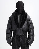 OFF/SC FUR COLLAR CROPPED LEATHER PUFFER JACKET
