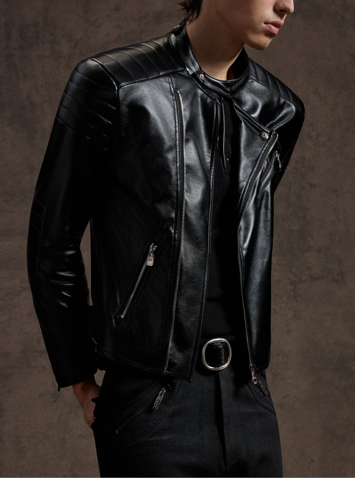 NVRSAINT cropped black asymmetric faux-leather biker jacket, additional product photograph 8 | OFFCULTURE®