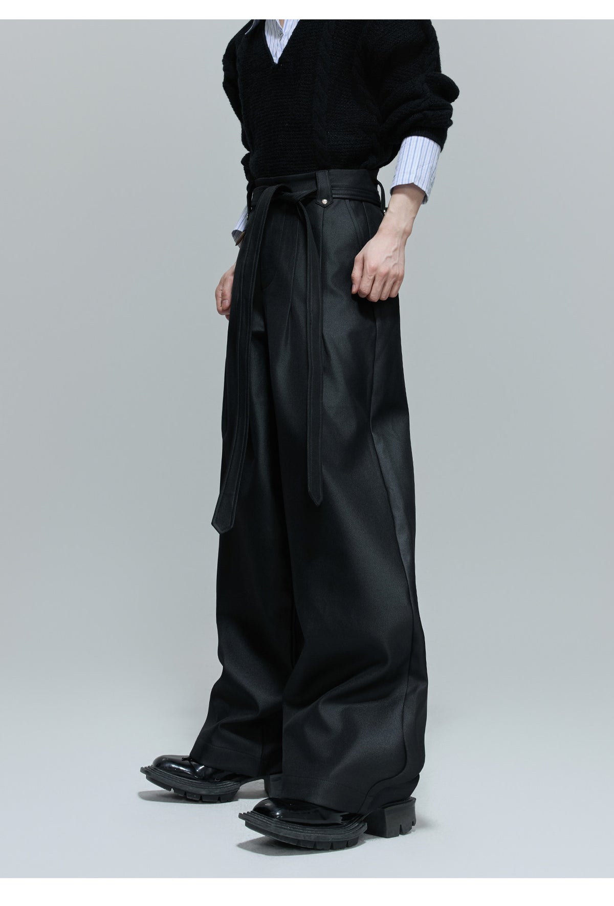 VESPER pleated high-waisted wide straight-leg trousers with waist tie, additional product photograph 3 | OFFCULTURE®