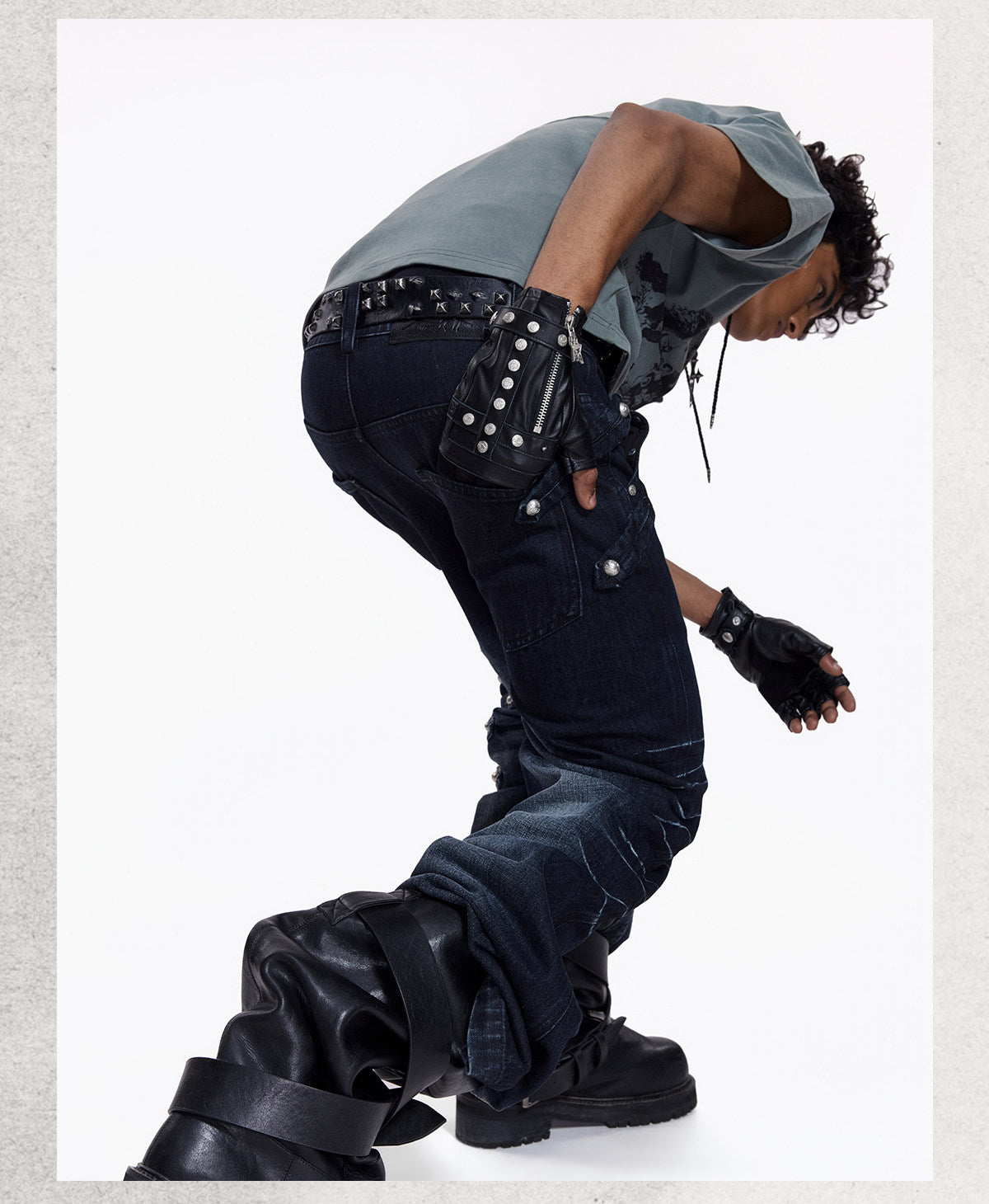 NVRTOUCH washed-black denim jeans with buttoned sides and wide flared legs, additional product photograph 8 | OFFCULTURE®