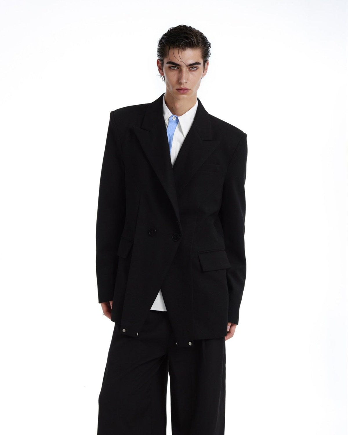 LOVELESS black waisted satin-finish blazer with shawl lapels, additional product photograph 6 | OFFCULTURE®