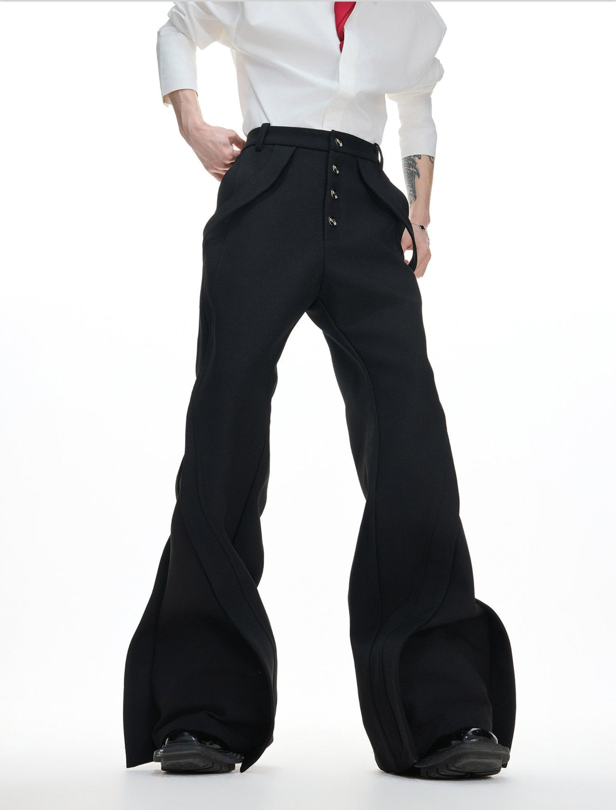 PARADOX black high-rise flared trousers with curved tailored panel seams, additional product photograph 2 | OFFCULTURE®