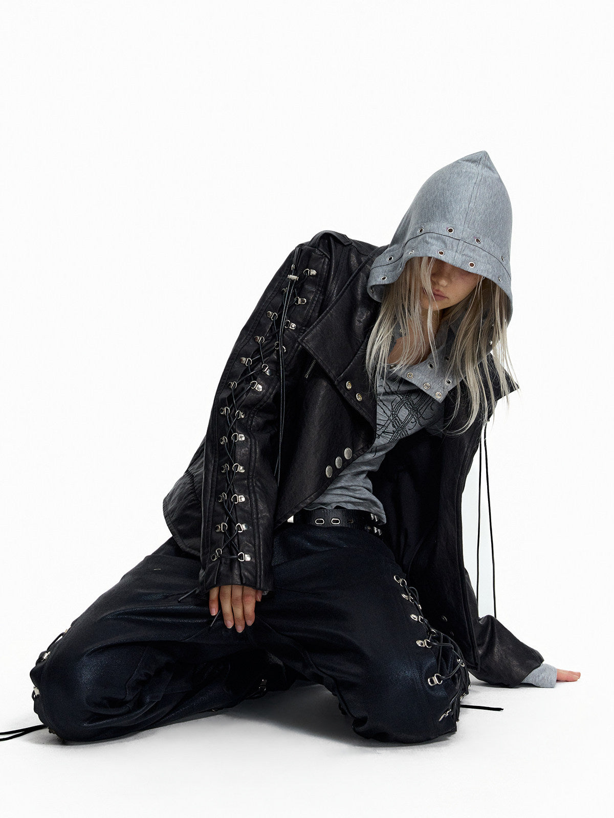 NVRSETTLE coated lace-up flared denim pants