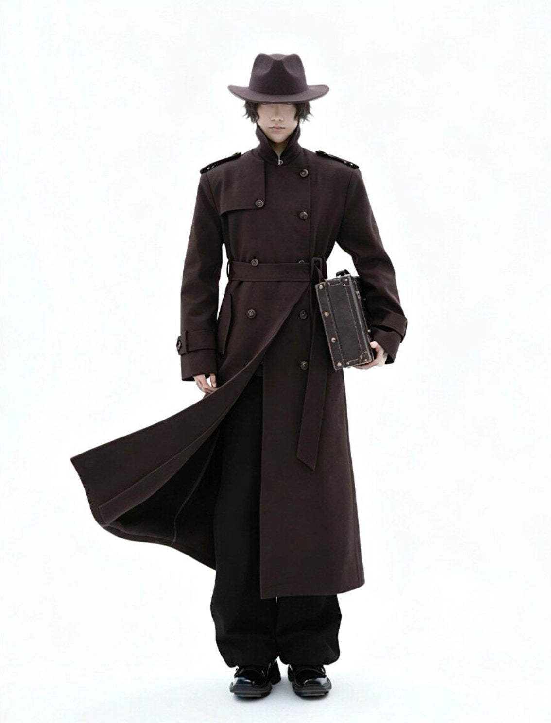 NVRLOOKBACK long oversized black belted trench coat, additional product photograph 5 | OFFCULTURE®