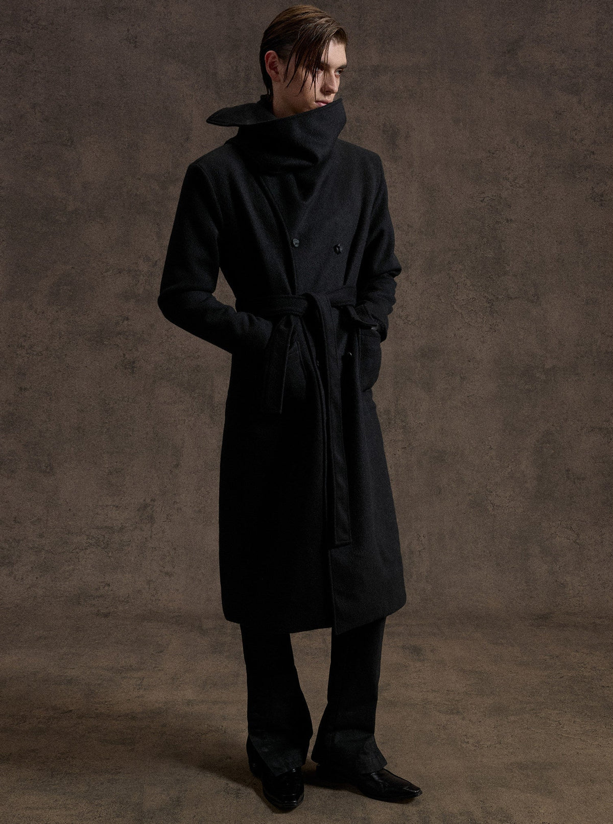 ARCADIA black long double-breasted coat with jacquard lapel panels, additional product photograph 6 | OFFCULTURE®