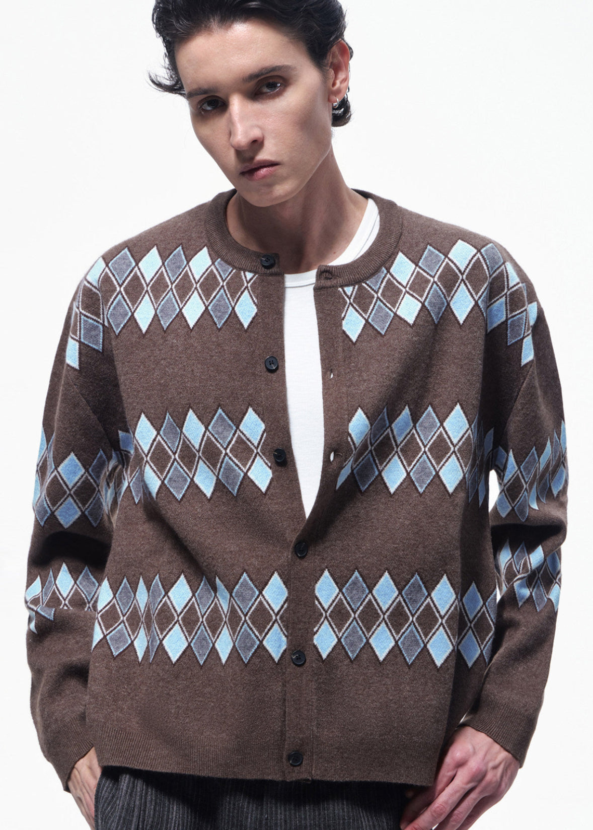 SCRIPT-X ARGYLE ZIP WOOL CARDIGAN