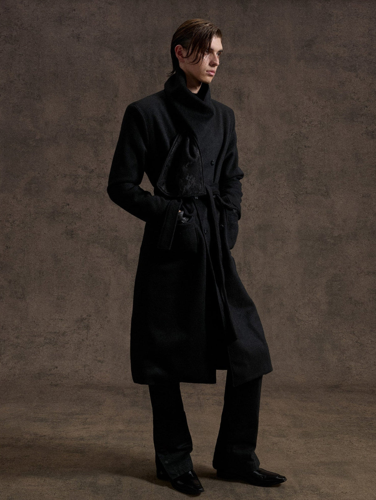 ARCADIA black long double-breasted coat with jacquard lapel panels, additional product photograph 7 | OFFCULTURE®
