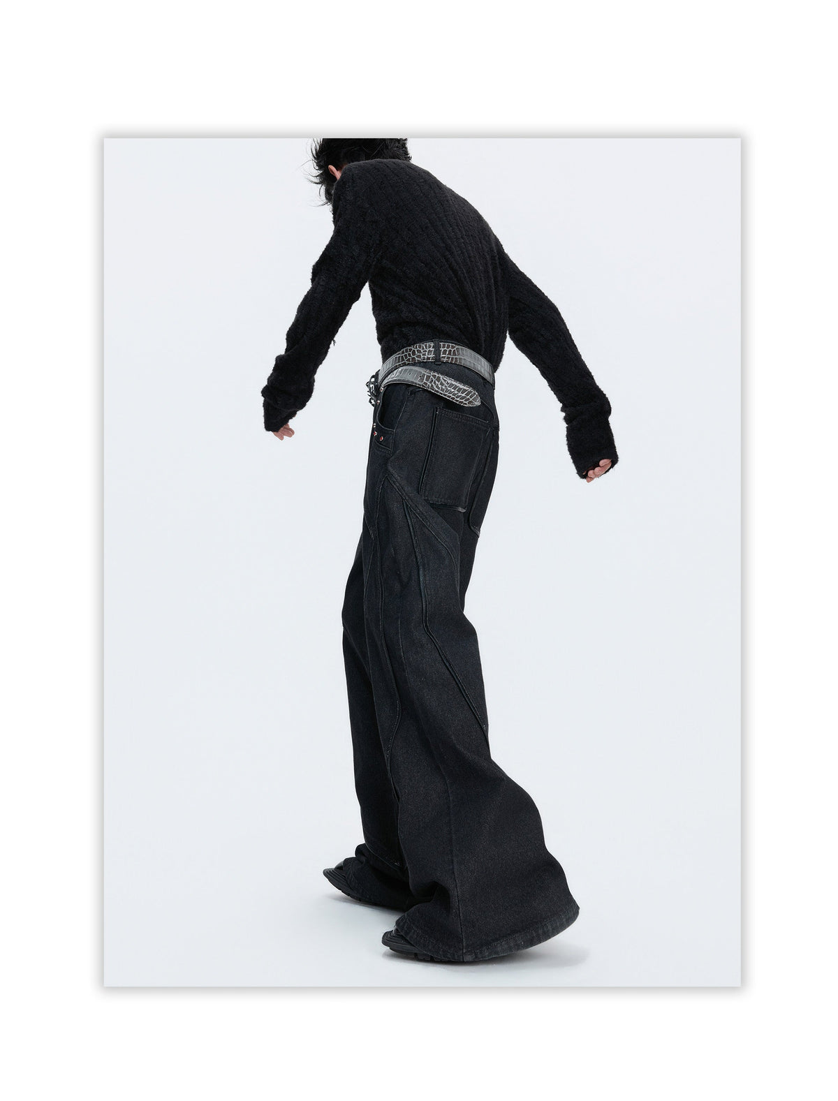 RED STATIC black washed flared denim jeans with red rhinestone accents, additional product photograph 9 | OFFCULTURE®