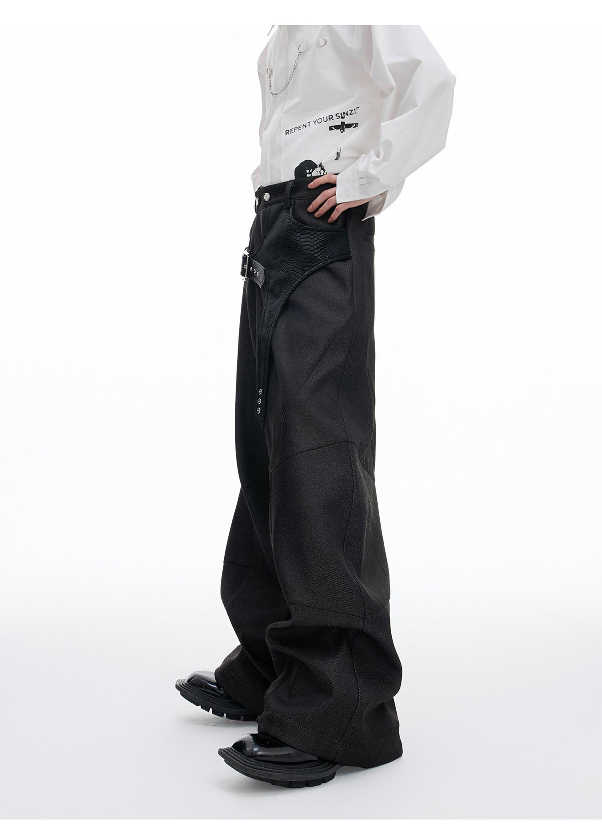 VANTAGE black croc-panelled straight-leg tailored trousers, additional product photograph 5 | OFFCULTURE®