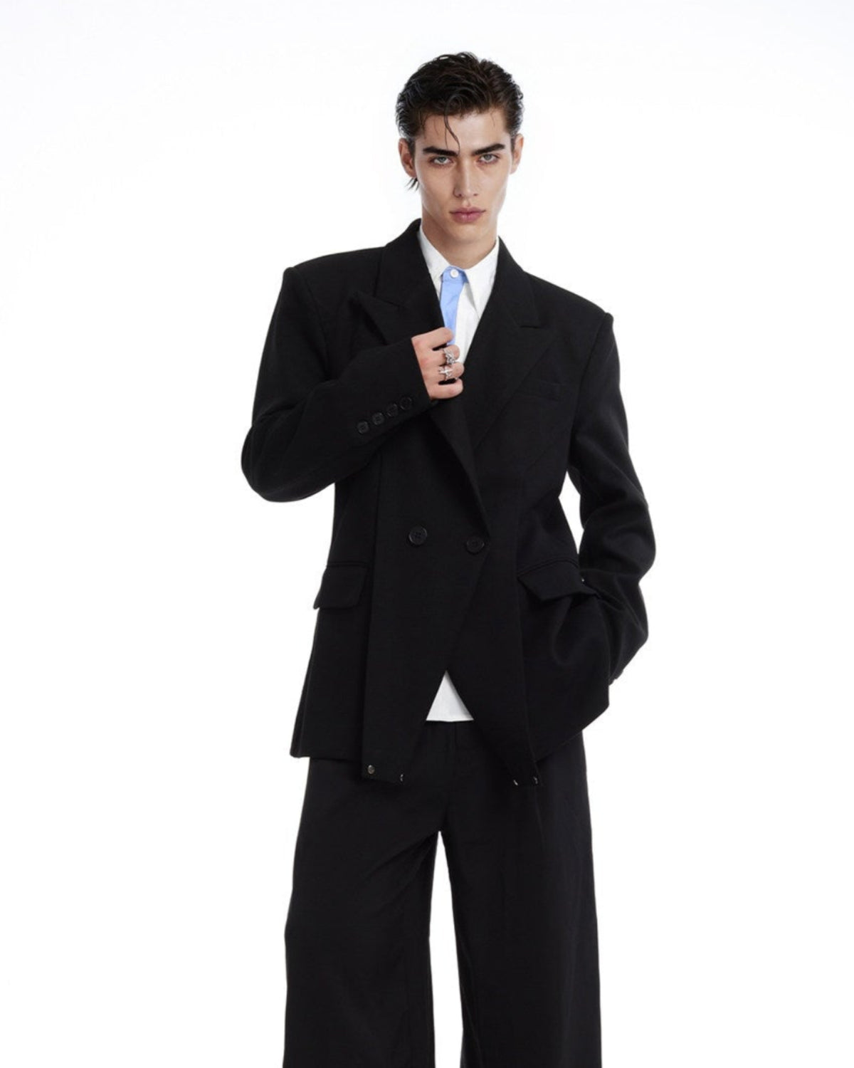 LOVELESS black waisted satin-finish blazer with shawl lapels, additional product photograph 8 | OFFCULTURE®