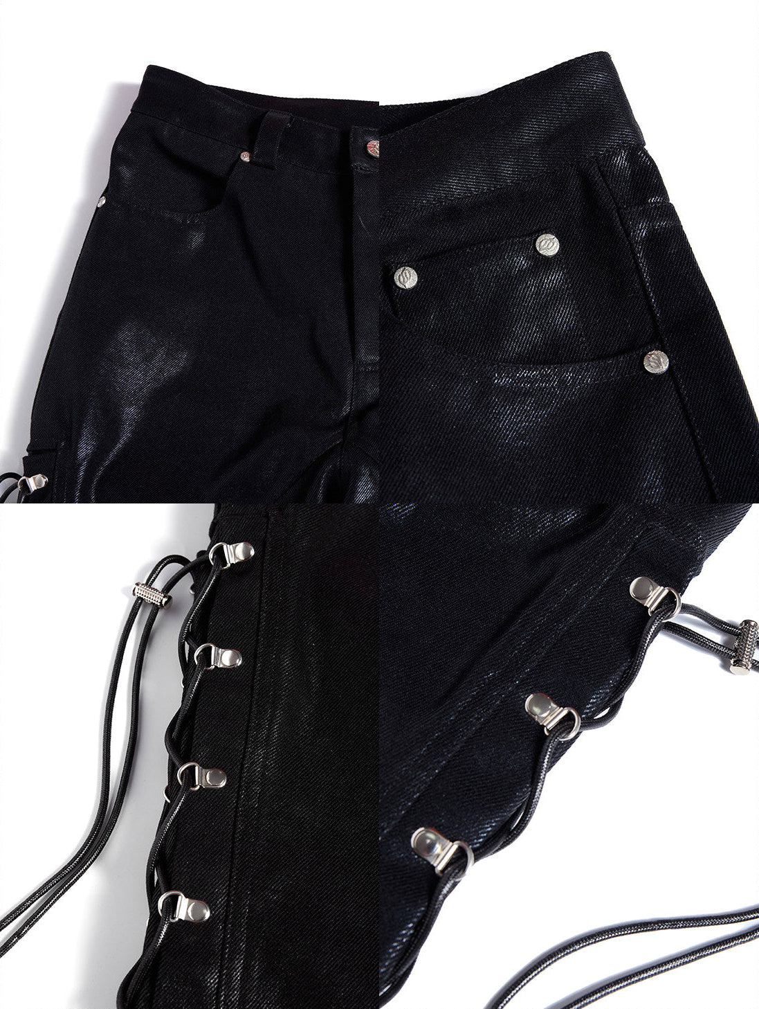 NVRSETTLE coated lace-up flared denim pants