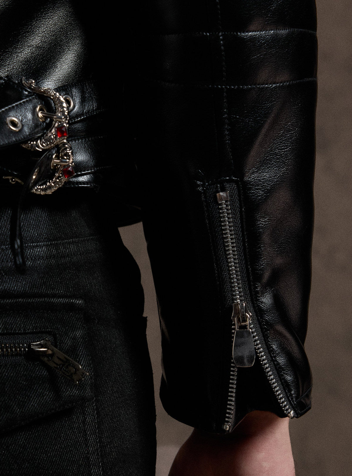 NVRSAINT cropped black asymmetric faux-leather biker jacket, additional product photograph 5 | OFFCULTURE®