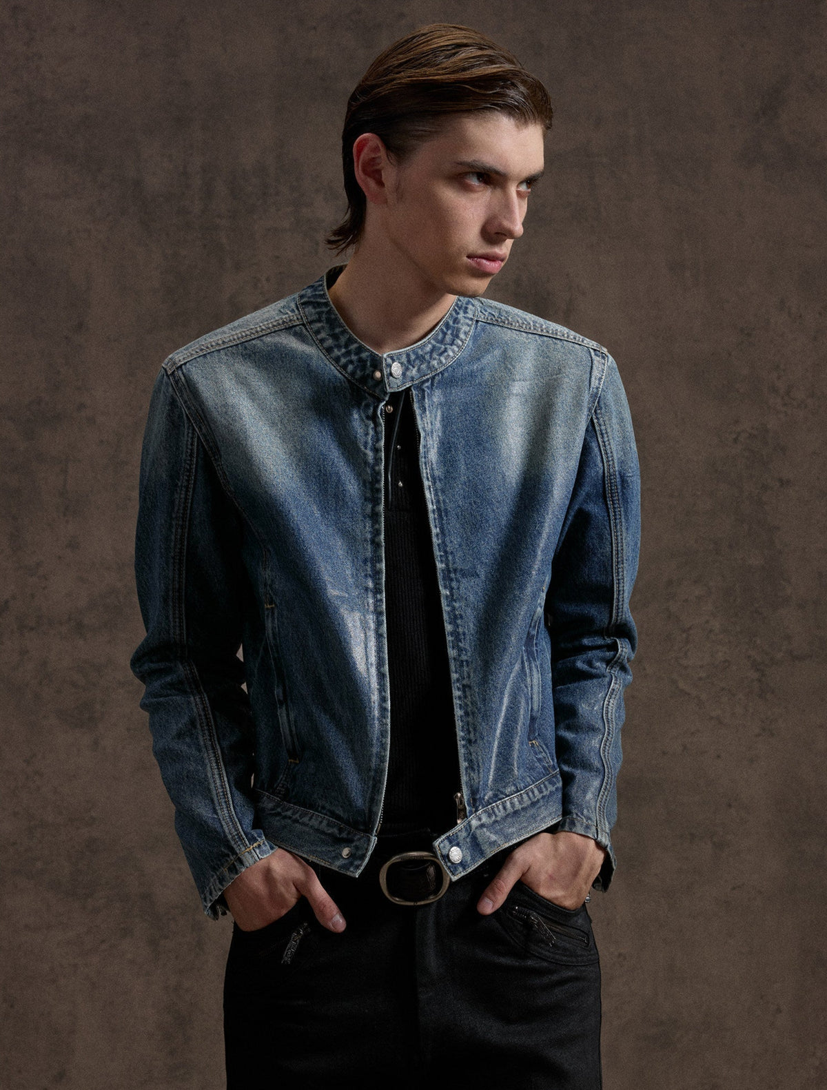 NVRFOUND faded-blue washed cropped denim jacket with stand collar, additional product photograph 6 | OFFCULTURE®