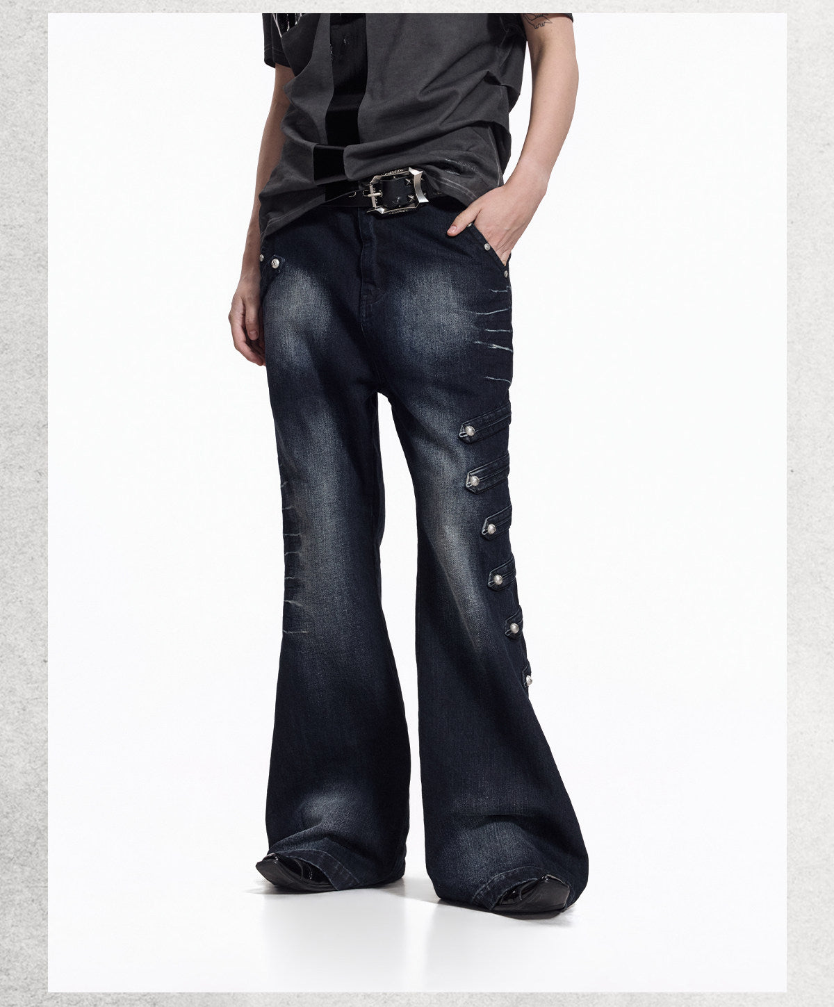 NVRTOUCH washed-black denim jeans with buttoned sides and wide flared legs, additional product photograph 7 | OFFCULTURE®