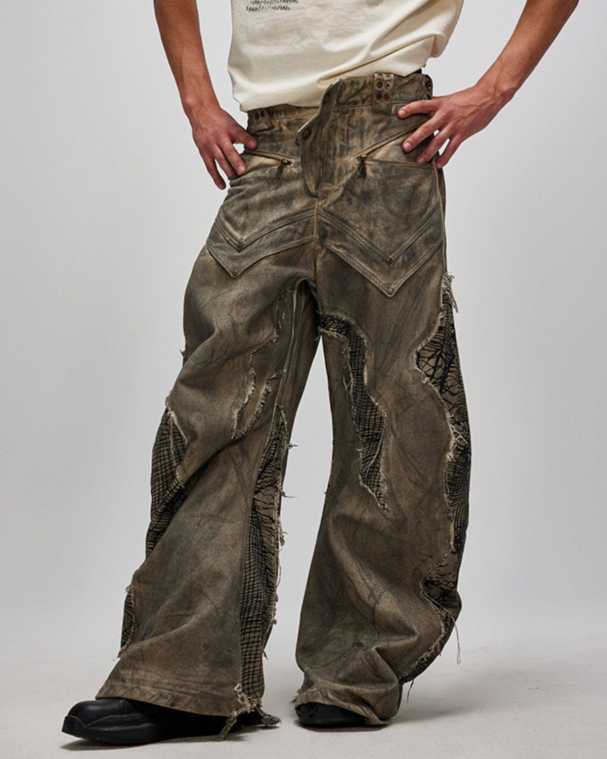 DUST THEORY mud-washed deconstructed curved-leg pants with mesh panels, additional product photograph 8 | OFFCULTURE®