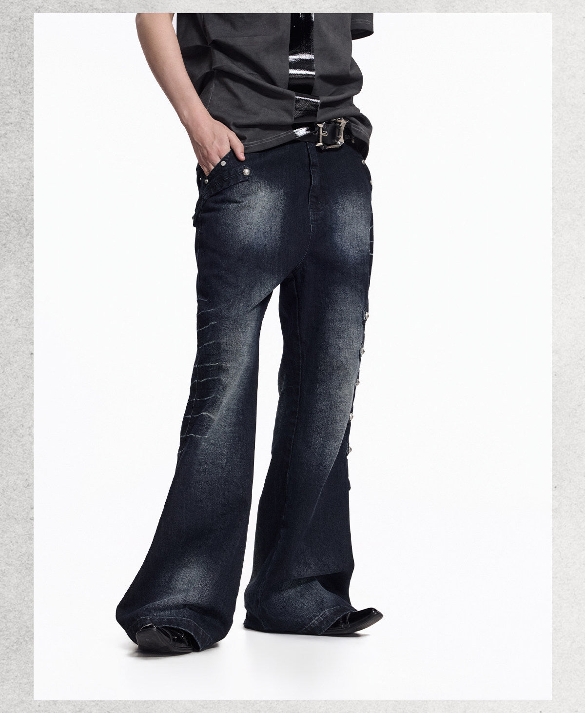 NVRTOUCH washed-black denim jeans with buttoned sides and wide flared legs, additional product photograph 6 | OFFCULTURE®