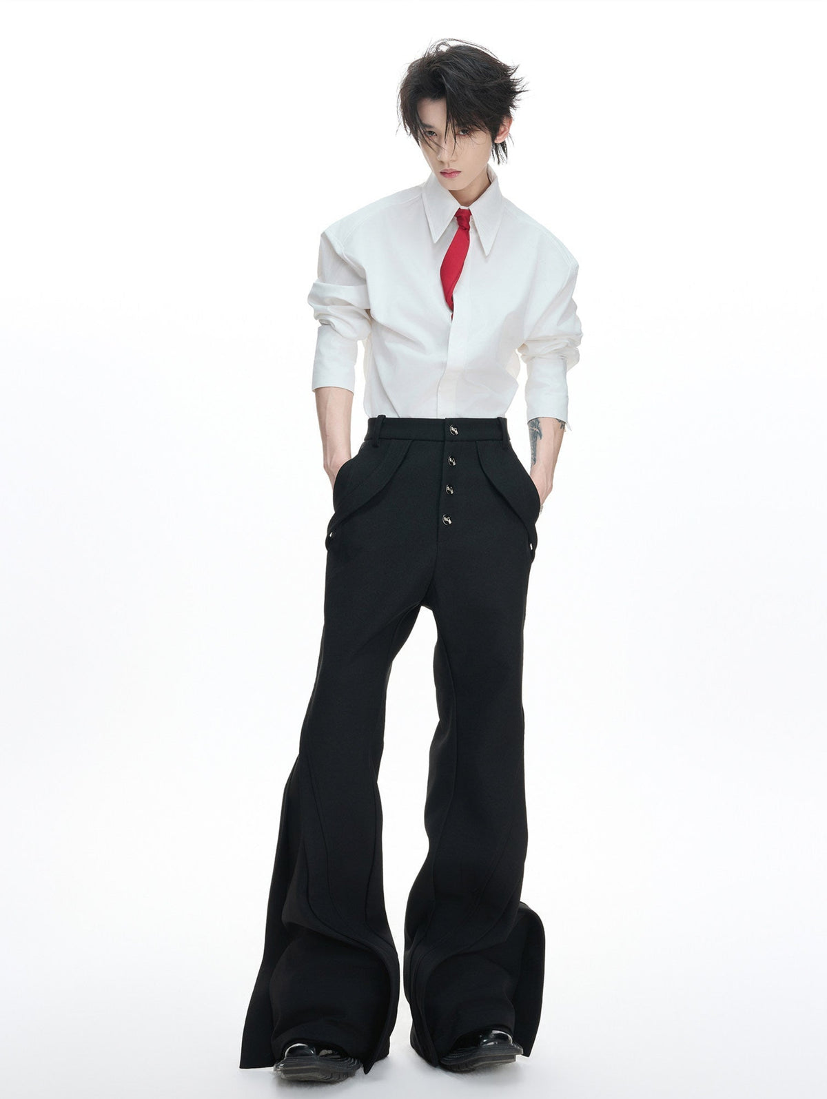 PARADOX black high-rise flared trousers with curved tailored panel seams, additional product photograph 4 | OFFCULTURE®