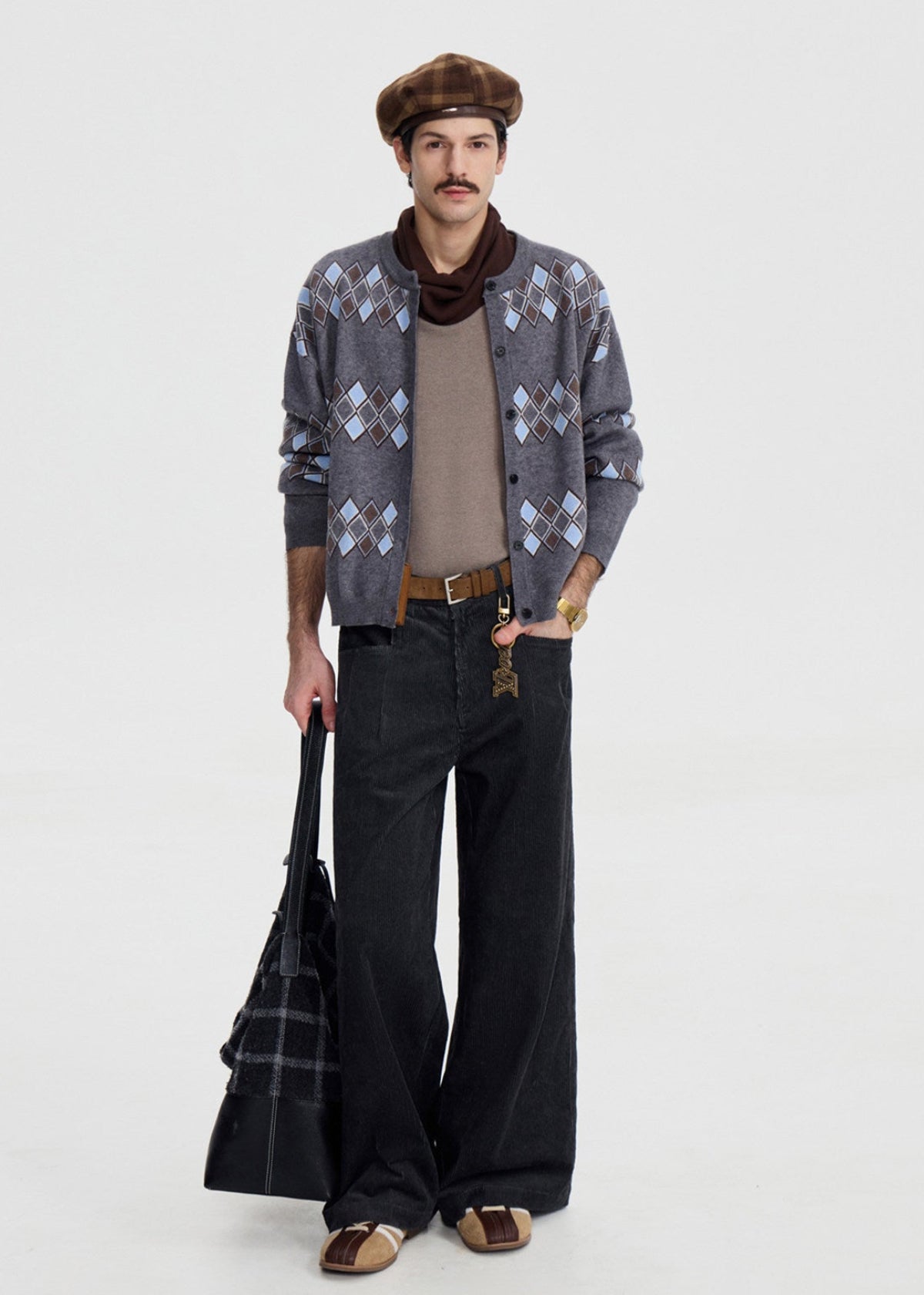SCRIPT-X ARGYLE ZIP WOOL CARDIGAN