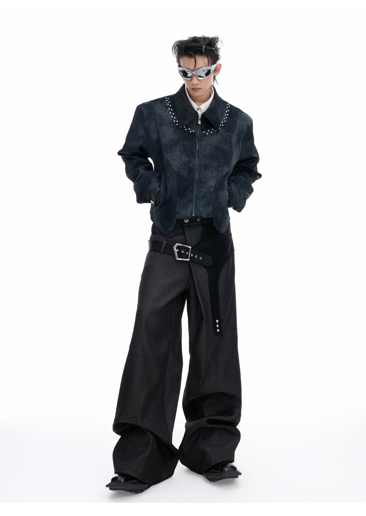 VANTAGE black croc-panelled straight-leg tailored trousers, additional product photograph 6 | OFFCULTURE®