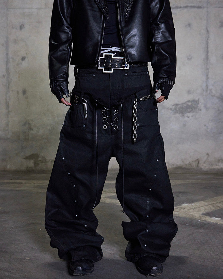 WAXED LACE-UP WIDE LEG JEANS