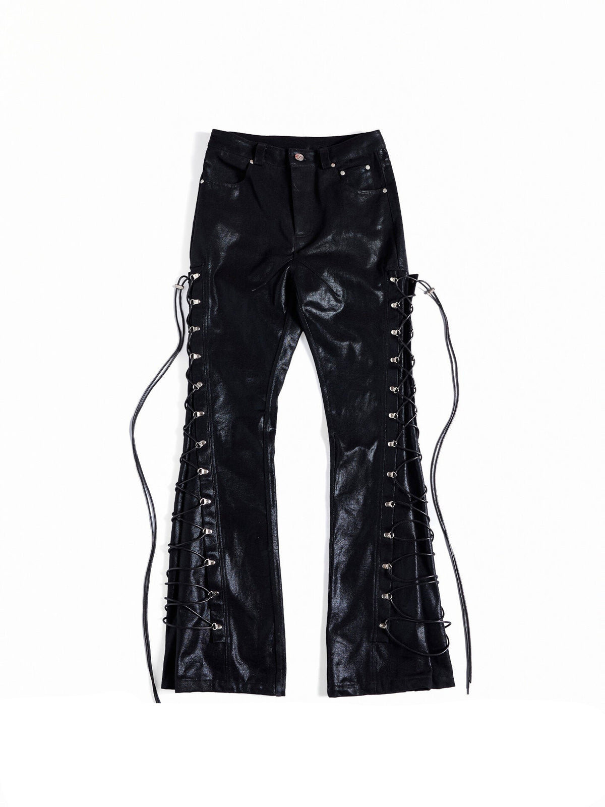 NVRSETTLE coated lace-up flared denim pants