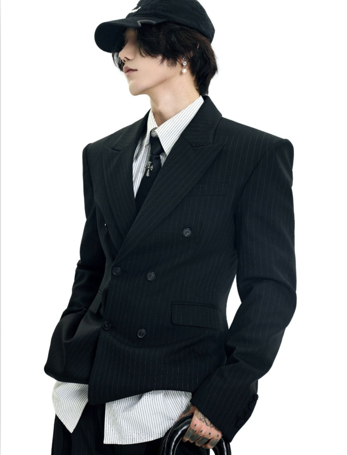 BAD HABITS black pinstripe padded-shoulder slim blazer, additional product photograph 4 | OFFCULTURE®