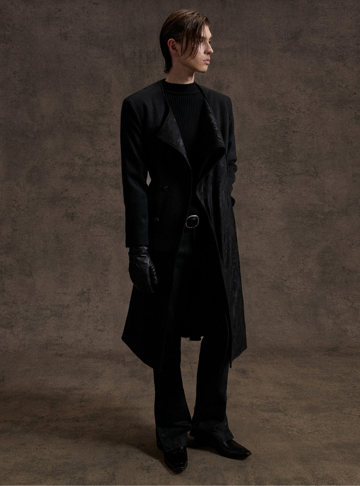 ARCADIA black long double-breasted coat with jacquard lapel panels, additional product photograph 8 | OFFCULTURE®