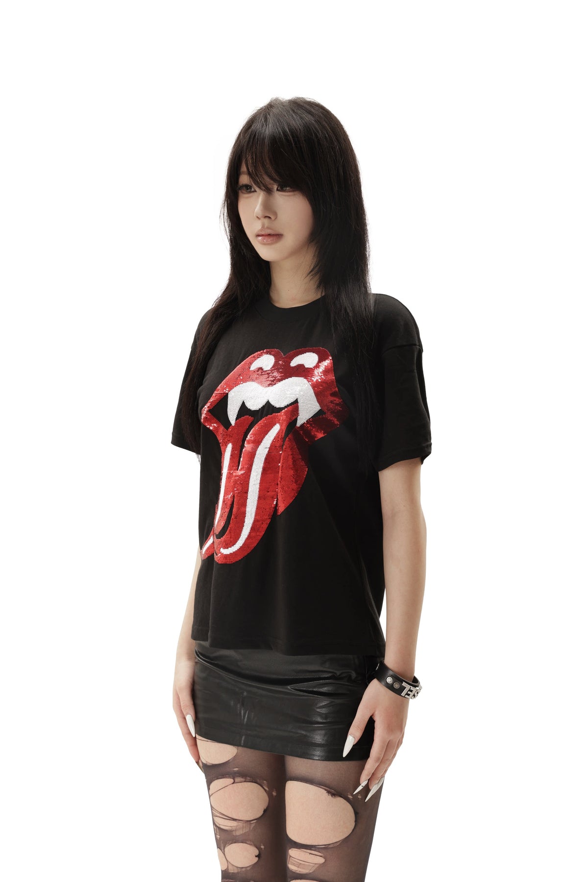 BAD TASTE sequin graphic cotton linen tee